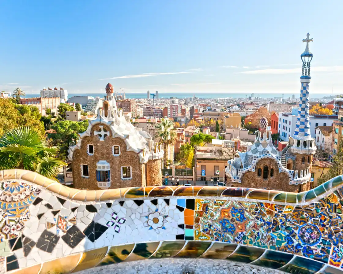 Park Güell mosaics overlooking the Barcelona skyline