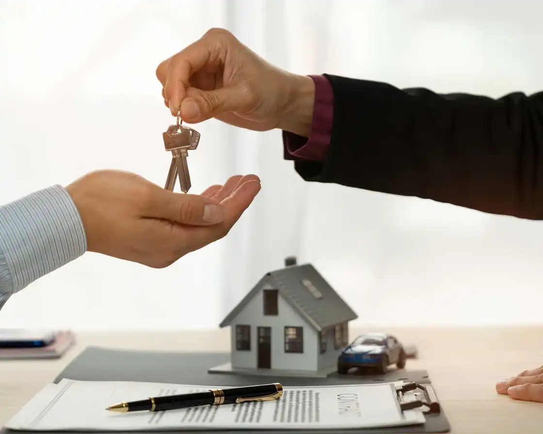 Keys handed to a buyer above a property contract and model house